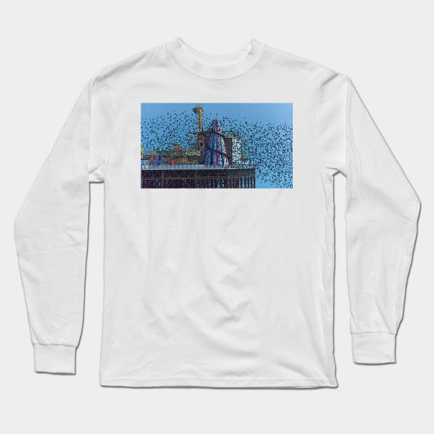 Starling murmuration, Helter Skelter, Brighton, England Long Sleeve T-Shirt by millroadgirl